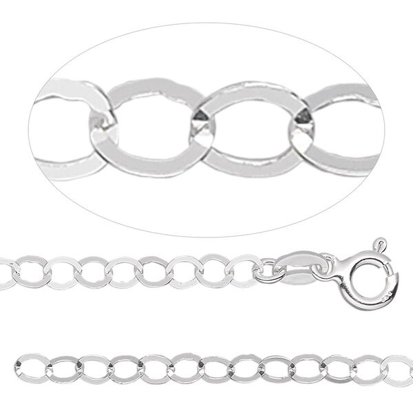 Chain, sterling silver, 3.7mm bright flat round cable, 16 inches with springring clasp. Sold individually. image number 0