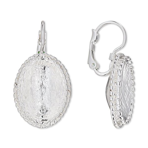 Ear wire leverback 1pkg2 Almost instant jewelry® silver-plated "pewter" (zinc-based alloy), 32mm / rope edge / 18x13mm oval glue-in setting, brass 1 pair image number 0