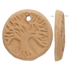 Focal, terra cotta, 32-34mm single-sided flat round with tree of life design. Sold per pkg of 2.