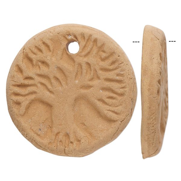 Focal, terra cotta, 32-34mm single-sided flat round with tree of life design. Sold per pkg of 2. image number 0