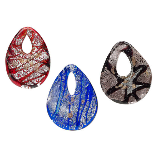 Random focal mix, lampworked glass, translucent multicolored, 46x34mm-50x39mm teardrop go-go with copper-colored glitter and silver-colored foil. Sold per pkg of 3. image number 0