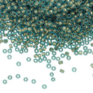 Seed bead, TOHO BEADS®, glass, pkg/50g, #11 round, translucent gold-lined frosted aqua (TR-11-995F).