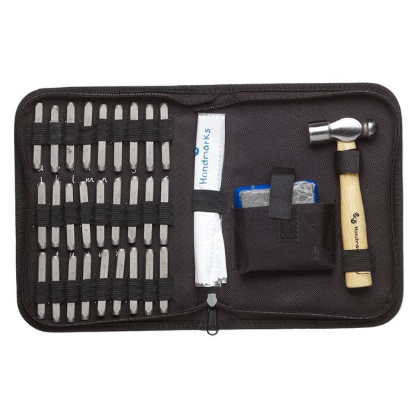 Stamp punch set 1pkg31, steel / wood / cloth, multicolored, alphabet letters A-Z / question mark symbol / ball peen hammer / steel block. image number 0