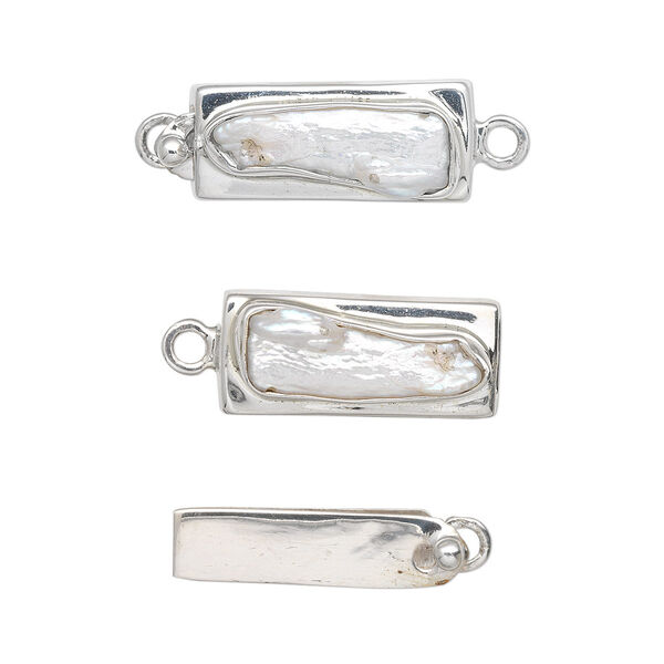 Clasp, tab, cultured freshwater pearl (bleached) and sterling silver, white, 24x10mm-26x12mm rectangle stick. Sold individually. image number 0
