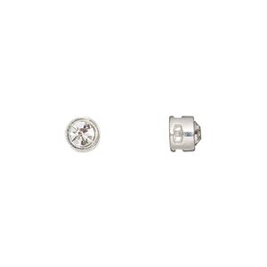 Spacer, glass rhinestone and silver-finished "pewter" (zinc-based alloy), clear, 6x5mm cross-drilled round with 4mm chaton. Sold per pkg of 6.