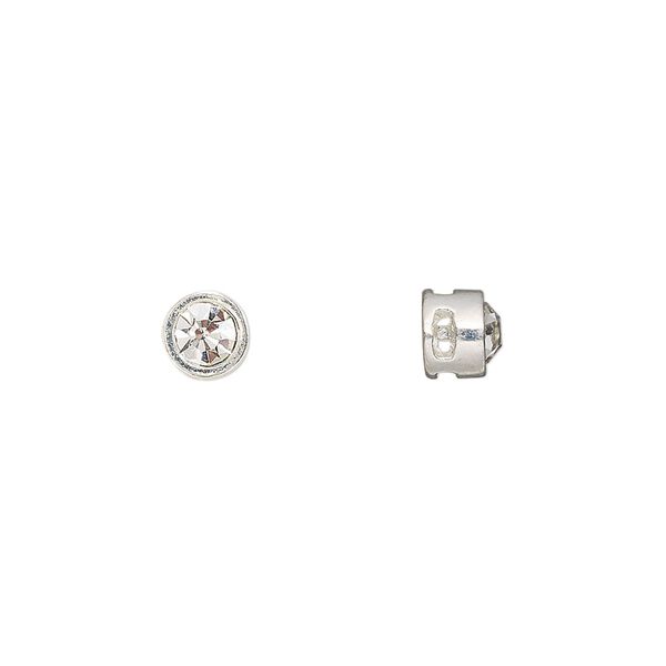 Spacer, glass rhinestone and silver-finished "pewter" (zinc-based alloy), clear, 6x5mm cross-drilled round with 4mm chaton. Sold per pkg of 6. image number 0