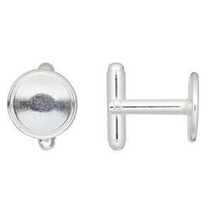 Cuff link 1pkg2 silver-finished brass, 12mm round bezel setting. 1 pair.