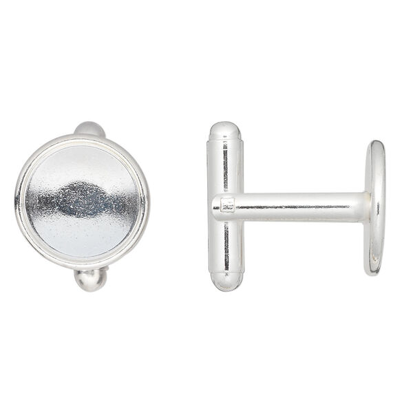 Cuff link 1pkg2 silver-finished brass, 12mm round bezel setting. 1 pair. image number 0