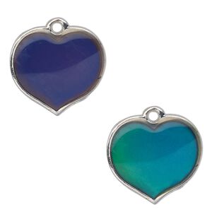 Charm, acrylic and imitation rhodium-finished "pewter" (zinc-based alloy), multicolored, 20x19mm color-changing single-sided heart. Sold per pkg of 2.