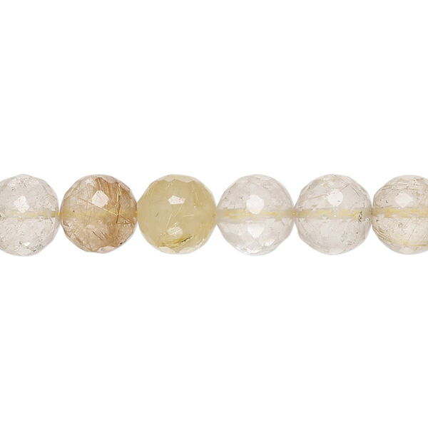 Bead, rutilated quartz (natural), 8-9mm hand-cut micro-faceted round with 0.4-1.4mm hole, C+ grade, Mohs hardness 7. Sold per 8-inch strand, approximately 25 beads. image number 0