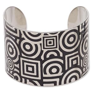 Bracelet, cuff, imitation rhodium-finished carbon steel, black, 46mm wide with geometric design, adjustable from 7 to 7-1/2 inches. Sold individually.