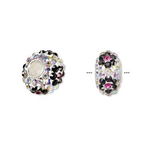 Bead, Dione®, Czech glass rhinestone / epoxy / sterling silver grommets, multicolored, 14x8mm rondelle with flower design, 4.5mm hole. Sold individually.