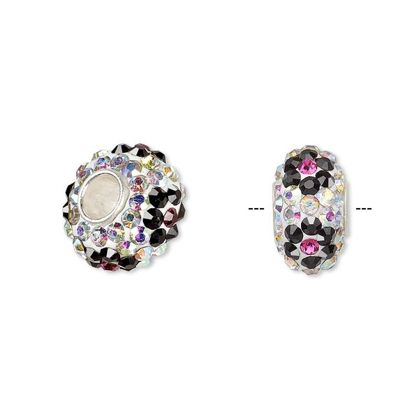 Bead, Dione®, Czech glass rhinestone / epoxy / sterling silver grommets, multicolored, 14x8mm rondelle with flower design, 4.5mm hole. Sold individually. image number 0