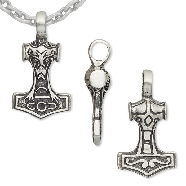Pendant, Powerful Pewter Pendants, antiqued pewter (tin-based alloy), 44x24mm Thor's hammer with 7mm hole. Sold individually. image number 0
