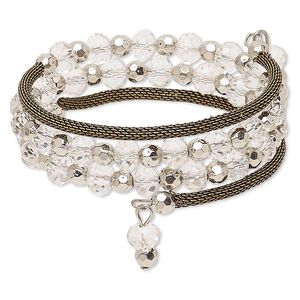 Bracelet, glass / steel memory wire / silver-coated plastic / antique brass-plated steel, clear, 22mm wide with rondelle, 6-1/2 inches. Sold individually.
