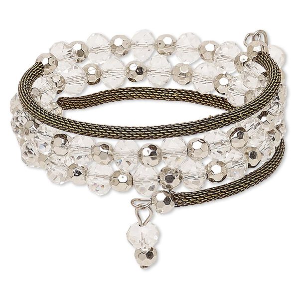 Bracelet, glass / steel memory wire / silver-coated plastic / antique brass-plated steel, clear, 22mm wide with rondelle, 6-1/2 inches. Sold individually. image number 0