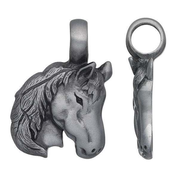 Pendant, Almost Jewelry™, "pewter" (zinc-based alloy), 35x24mm single-sided horse head. Sold individually. image number 0
