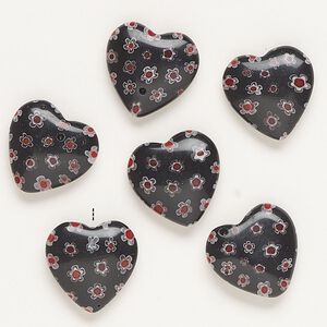 Bead, millefiori glass, opaque black / red / white, 16-18mm half-drilled puffed heart. Sold per pkg of 6.