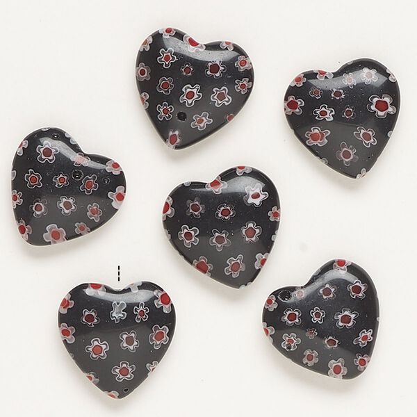 Bead, millefiori glass, opaque black / red / white, 16-18mm half-drilled puffed heart. Sold per pkg of 6. image number 0