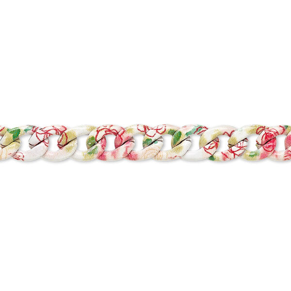 Chain, painted steel, multicolored, 11x8mm twisted curb with flower pattern, 18 inches with lobster claw clasp. Sold individually. image number 0