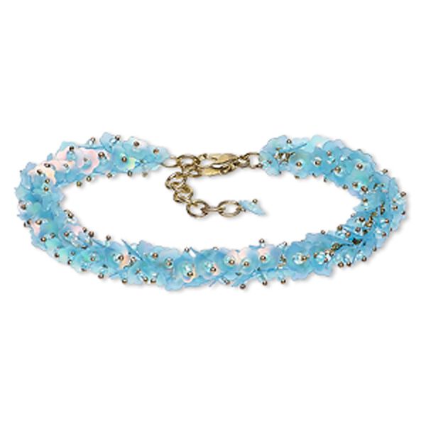 Bracelet, acrylic sequin with gold-finished brass and steel, turquoise blue AB, 12mm wide with 6mm flower, 7 inches with 1-1/2 inch extender chain and lobster claw clasp. Sold individually. image number 0