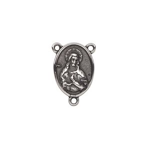 Connector, antiqued stainless steel, 16x12mm double-sided round rosary with Sacred Heart of Jesus Christ. Sold individually.
