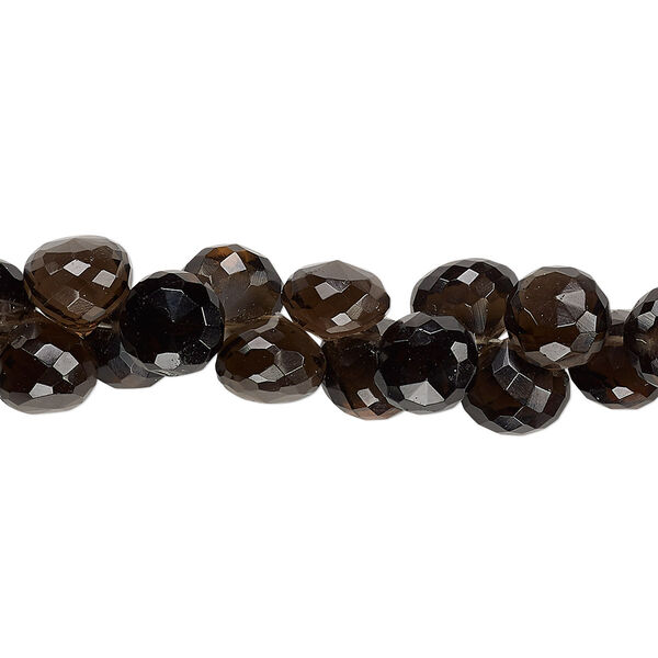 Bead, smoky quartz (heated / irradiated), dark, 7x6mm-8x7mm hand-cut top-drilled faceted teardrop, B grade, Mohs hardness 7. Sold per 4-inch strand. image number 0