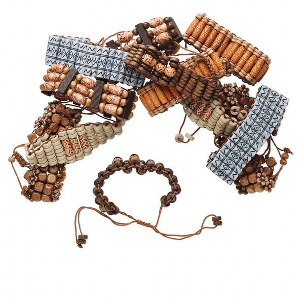 Bracelet, wood (natural / dyed) and acrylic, assorted colors, adjustable from 7-1/2  to 10 inches with macramé knot closure. Sold per pkg of 12. image number 0
