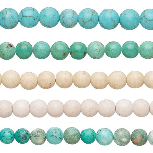 Bead mix, magnesite (dyed / stabilized), mixed colors, 8-10mm round with 0.6-1.5mm hole, C grade, Mohs hardness 3-1/2 to 4. Sold per pkg of (5) 15-inch strands. image number 0