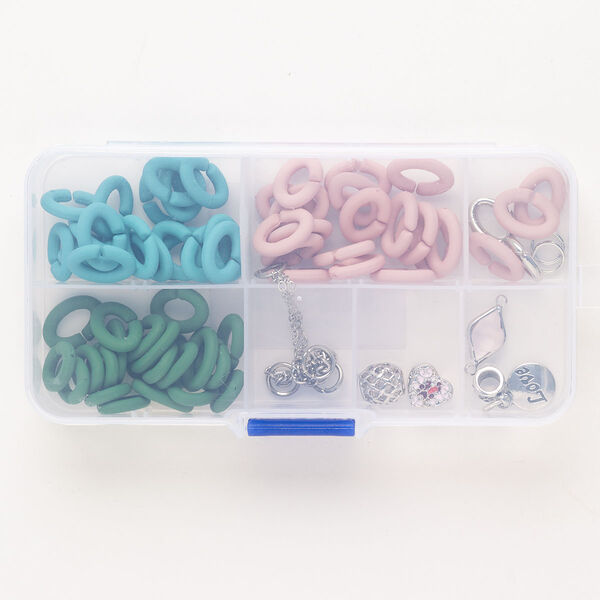 Finding assortment, mixed materials, pkg/70, silver finish and mixed colors, assorted shapes and sizes. image number 0