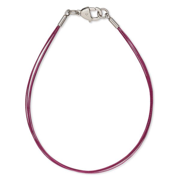 Bracelet, 5-strand, stainless steel and plastic-coated stainless steel, fuchsia, 6-1/2 inches with lobster claw clasp. Sold individually. image number 0