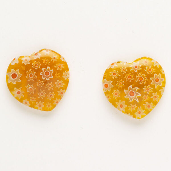 Bead, millefiori glass, translucent orange / red / multicolored, 23-26mm half-drilled puffed heart. Sold per pkg of 2. image number 0