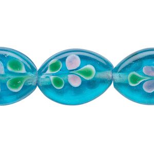 Bead, glass, aqua blue, 23x17mm flat oval. Sold per 15-1/2" to 16" strand.