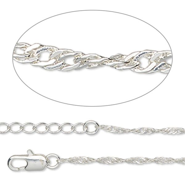 Chain, silver-plated brass, 2mm Singapore, 16 inches with 1 to 3 inches extender chain and lobster claw clasp. Sold individually. image number 0
