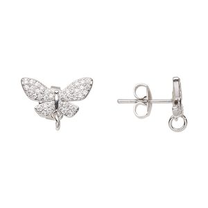 Earstud 1pkg2 imitation rhodium-plated / cubic zirconia, 15x9mm butterfly / 4mm 21 gauge open jump ring / earnuts, brass clear 1 pair