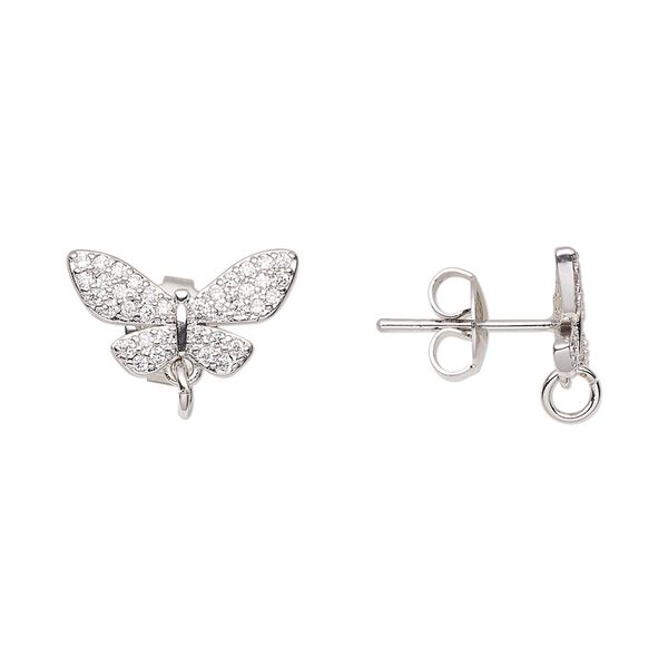 Earstud 1pkg2 imitation rhodium-plated / cubic zirconia, 15x9mm butterfly / 4mm 21 gauge open jump ring / earnuts, brass clear 1 pair image number 0