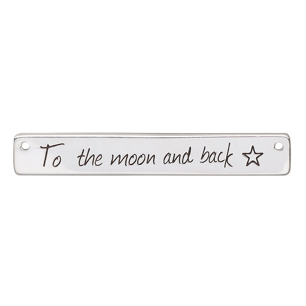 Focal, sterling silver and enamel, black 40x6mm single-sided flat rectangle with "To the moon and back" with star and 2 holes. Sold individually. image number 0
