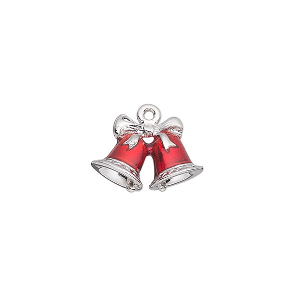 Charm, enamel and silver-plated "pewter" (zinc-based alloy), red, 16.5x12mm double-sided bells with bow. Sold individually. image number 0