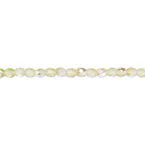 Bead, Czech fire-polished glass, two-tone, crystal/peridot green AB, 3mm faceted round. Sold per 15-1/2" to 16" strand.