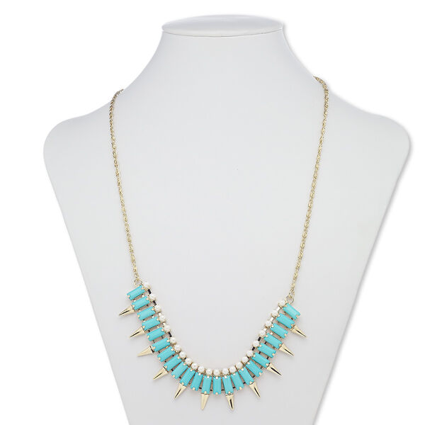 Necklace, acrylic / acrylic pearl / gold-finished steel / "pewter" (zinc-based alloy), turquoise blue and white, rectangle, 24 inches with 2-inch extender chain and lobster claw clasp. Sold individually. image number 0