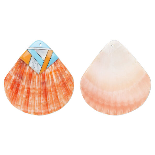 Focal, sea scallop shell / multi-shell / resin (dyed/assembled), red / turquoise blue / multicolored, 53x50mm, Mohs hardness 3-1/2. Sold individually. image number 0
