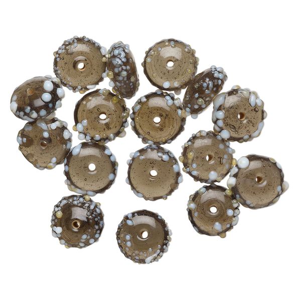 Bead, lampworked glass, translucent grey and white, 16x8mm bumpy rondelle. Sold per pkg of 16. image number 0