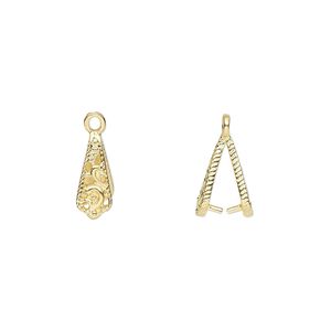 Bail, ice-pick, gold-plated brass, 11.5x5mm textured with cutout design, 6.5mm grip length. Sold per pkg of 6.