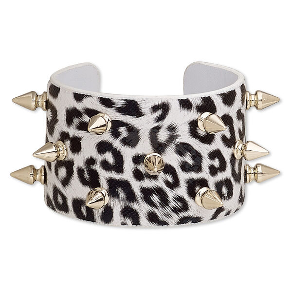 Bracelet, cuff, polyester / acrylic / silver-finished brass, black and white, 42mm wide with spikes and leopard print design, adjustable from 7-8 inches. Sold individually. image number 0