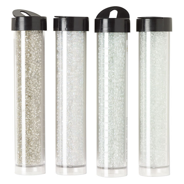 Seed bead assortment, Ming Tree™, glass, pkg/(4) 4 x 3/4 inch vials, #11 round, transparent silver-lined rainbow clear. image number 0