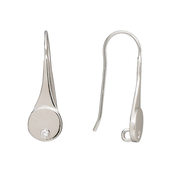 Ear wire, sterling silver and cubic zirconia, 27.5mm round fishhook with closed hidden loop, 20 gauge. Sold per pair. image number 0