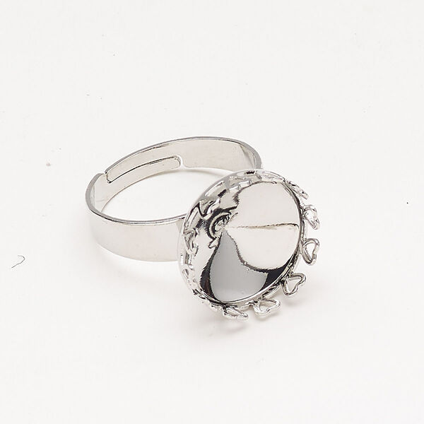 Ring brass 1pk 15mm glue in 14mm rivoli setting, size adjustable round, silver finish image number 0