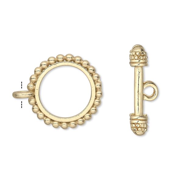 Clasp, toggle, gold-finished "pewter" (zinc-based alloy), 18mm double-sided beaded round. Sold per pkg of 8. image number 0