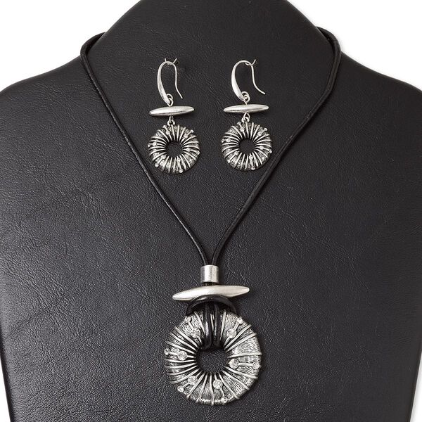 Necklace and earring set, antiqued silver-finished "pewter" (zinc-based alloy) and steel / leather (dyed) / glass rhinestone, black and clear, 45mm textured round donut, 15" to 16" necklace with lobster claw clasp and 3-inch extender chain, 2-1/8 inch earring with fishhook ear wire. Sold per set. image number 0