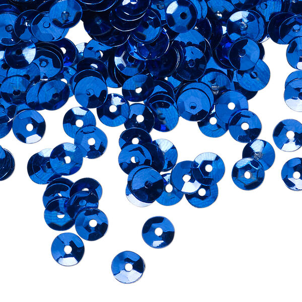 Sew-on sequin, plastic, opaque blue, 5mm round. Sold per 4-gram pkg, approximately 800 sequins. image number 0